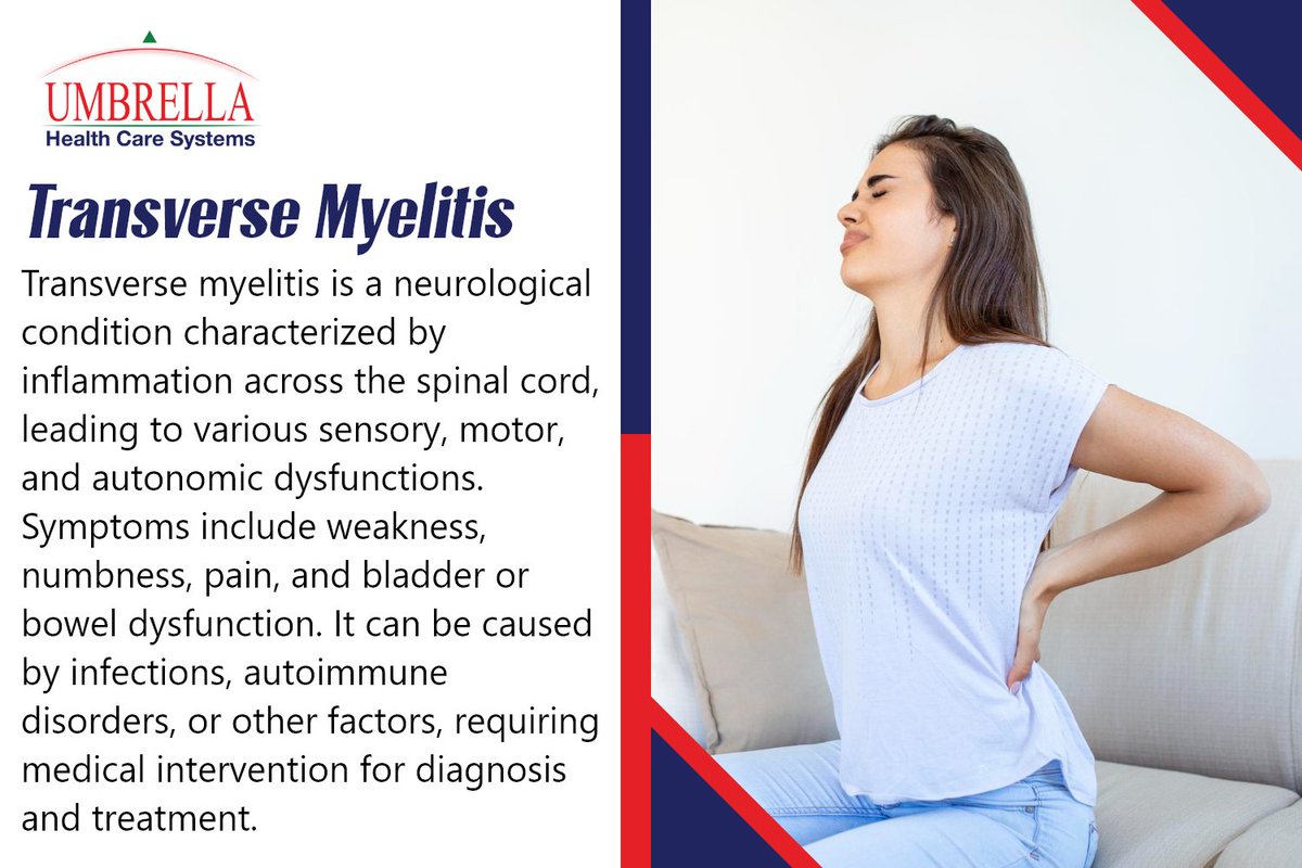 Transverse myelitis is an inflammation of both sides of one section of the spinal cord. 
#Telecare #DigitalMedicine #VirtualClinic #OnlineDoctorConsultation #TelehealthConsultation #VirtualHealthVisit #OnlineHealthConsultation #TelemedicinePlatform 
umbrellamd.com