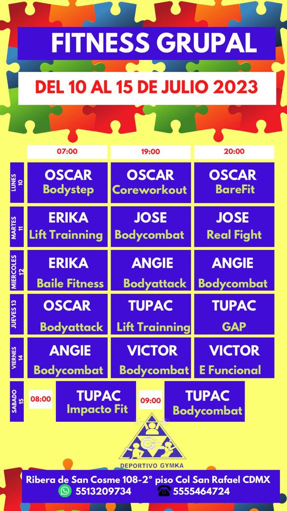 GYMKADEPORTIVA's tweet photo. Horarios Fitness Grupal del 10 al 15 de Julio del 2023
#fit #fitnessboy #fitnessaddict #fitness #fitnessmotivation #saludybienestar #saludables #lesmillstribe #fitnesspro #fitnessgirl #fitnessboy #bodycombat #bodyattack #bodyattacklove #bodycombatlovers #bodystep https://t.co/nLPPDzQlZb