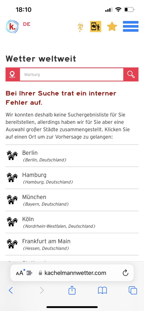 tvonwerne's tweet photo. @Kachelmann @m_kryn @Kachelmannwettr @drued Wow, das nenne ich schnellen Support. Danke!

Es ist auch nicht immer so - in schätzungsweise 25% der Fälle klappt es 🤔 Das Suchfeld auf der Fehlerseite enthält dann sogar den automatisch ausgefüllten Ort.. https://t.co/YrtCSTm3Wc