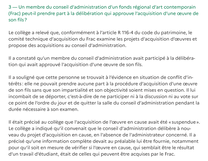 PJanuel's tweet photo. Le collège de déontologie du ministère de la Culture a du répondre à cette question : un membre du conseil d'administration d'un fonds régional d'art contemporain peut il participer à la décision d'achat d'une œuvre de son fils ?
(ça s'appelle une prise illégale d'intérêts) https://t.co/sHNoQx4QbI
