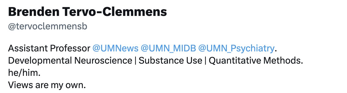 👀New bio is here👀 <a href="/UMN_MIDB/">MIDB</a> @UMN_Psychiatry official! 

I am building a team to work on understanding adolescent brain development and mental health, improving methods along the way. 

Hiring at multiple levels (postdocs and RA's; ads coming soon)--DM/email if interested!