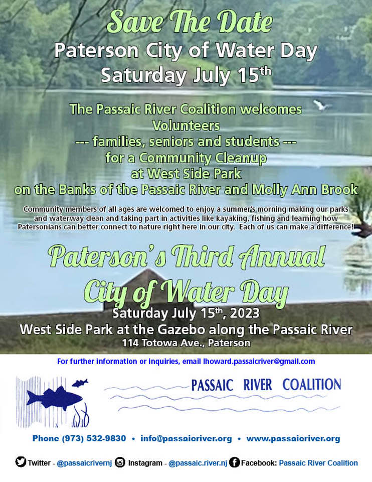 Join Passaic River Coalition for Paterson’s Third Annual City of Water Day on Saturday, July 15. Experience a community cleanup, kayaking, fishing, and connecting with nature.