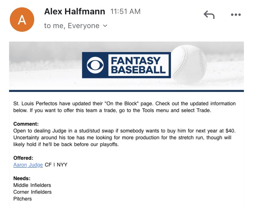 The @MmPerfectos sent a memo to the rest of @MMFantasy_ saying, in essence: 

“Give me one of your studs for Aaron Judge. Unless we find out that he’s going to be back soon. If that’s the case then no.”

Yet another confused franchise this deadline season.
