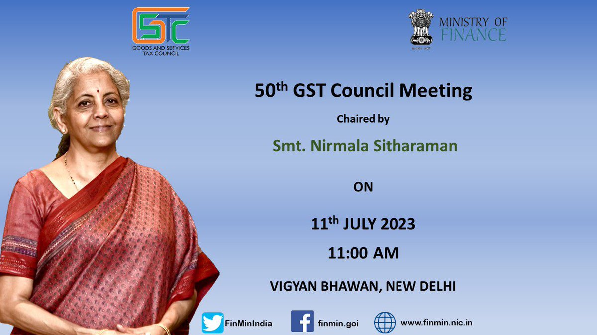 Union Finance Minister Smt. @nsitharaman will chair the 50th GST Council meeting in Vigyan Bhawan, New Delhi, tomorrow. The meeting will be attended by MoS Finance Shri @mppchaudhary, besides Finance Ministers of States and UTs (with Legislature) besides Senior officials from…