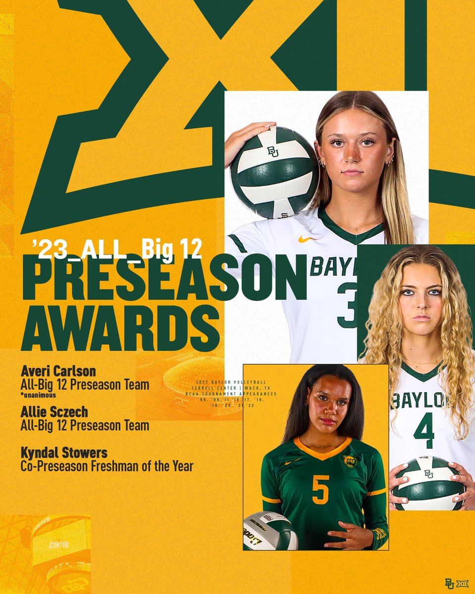 Baylor Volleyball (@baylorvball) on Twitter photo 🗣️📣Introducing Preseason All-Big 12 Team members <a href="/carlson_averi/">averi carlson</a> & <a href="/AllieSczech/">Allie Sczech</a>, and PRESEASON FRESHMAN OF THE YEAR <a href="/KyndalStowers/">Kyndal Stowers</a>!
📰baylorbea.rs/46zenBQ
#SicEm🐻🏐 <a href="/Big12Conference/">Big 12 Conference</a> 🗣️📣Introducing Preseason All-Big 12 Team members <a href="/carlson_averi/">averi carlson</a> & <a href="/AllieSczech/">Allie Sczech</a>, and PRESEASON FRESHMAN OF THE YEAR <a href="/KyndalStowers/">Kyndal Stowers</a>!
📰baylorbea.rs/46zenBQ
#SicEm🐻🏐 <a href="/Big12Conference/">Big 12 Conference</a>