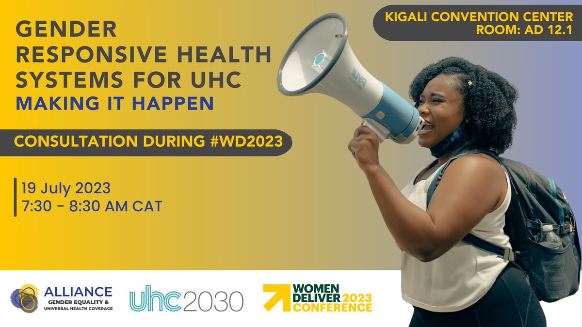 Join us in shaping the future of health systems! 🚀
At #WD2023, we'll explore how gender-responsive approaches can drive progress toward #UHC. 
Be part of this transformative conversation ahead of the #UHCHLM
🗓️ July 19th
 ⏰ 7:30-8:30 am
📍Room AD 12.1

#GenderUHC