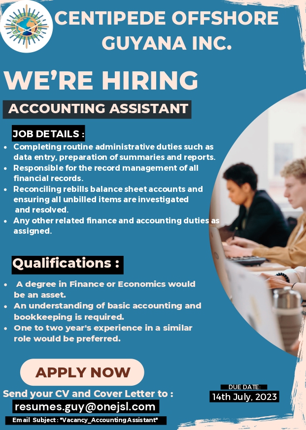 One JSL- Centipede Offshore Guyana INC. Is Hiring Accounting Assistant.
Please Send Your CV And Cover Letter To: resumes.guy@onejsl.com with Email Subject : 'Vacancy_ AccountingAssistant'

Visit onejsl.com for more information.

#onejsl #TEAMJSL #accountingassistant