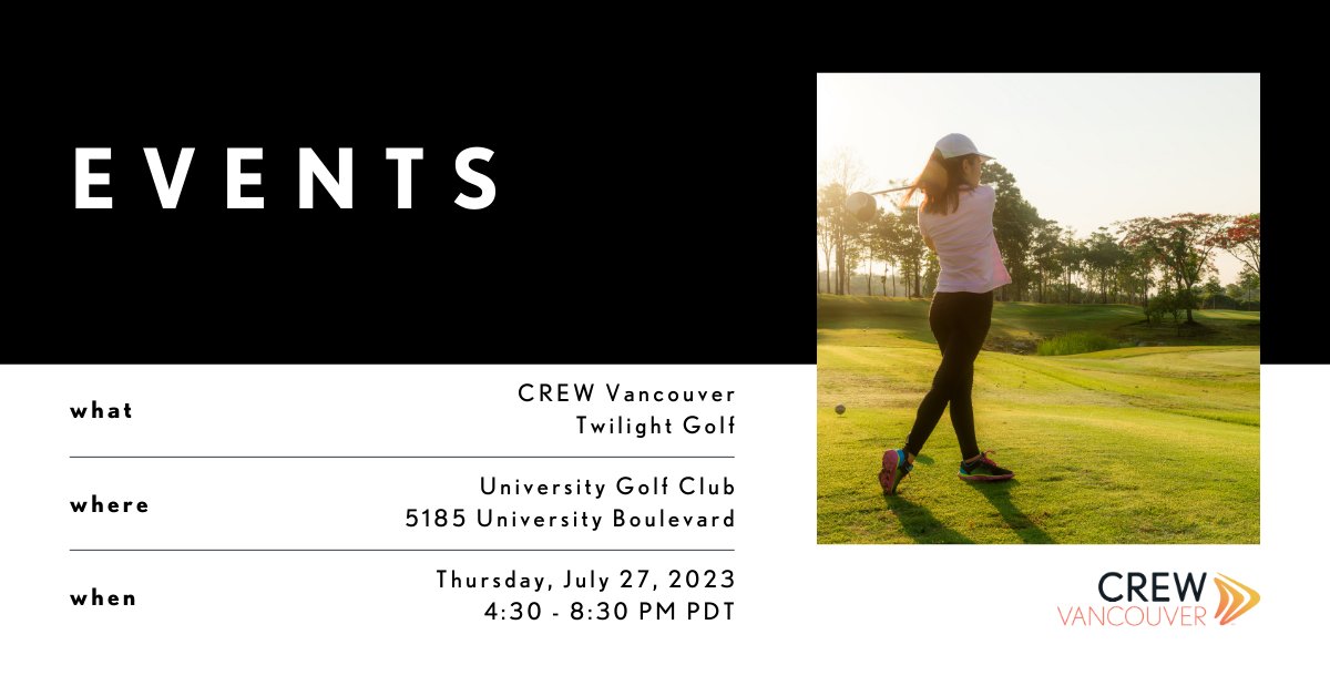 Only a few more days to register for CREW Vancouver's round of Twilight Golf! Enjoy a lively evening including 9-holes of golf, refreshments, and great company.   This event is open to CREW members and non-members. Sign up by July 24th at bit.ly/43fgvf5!