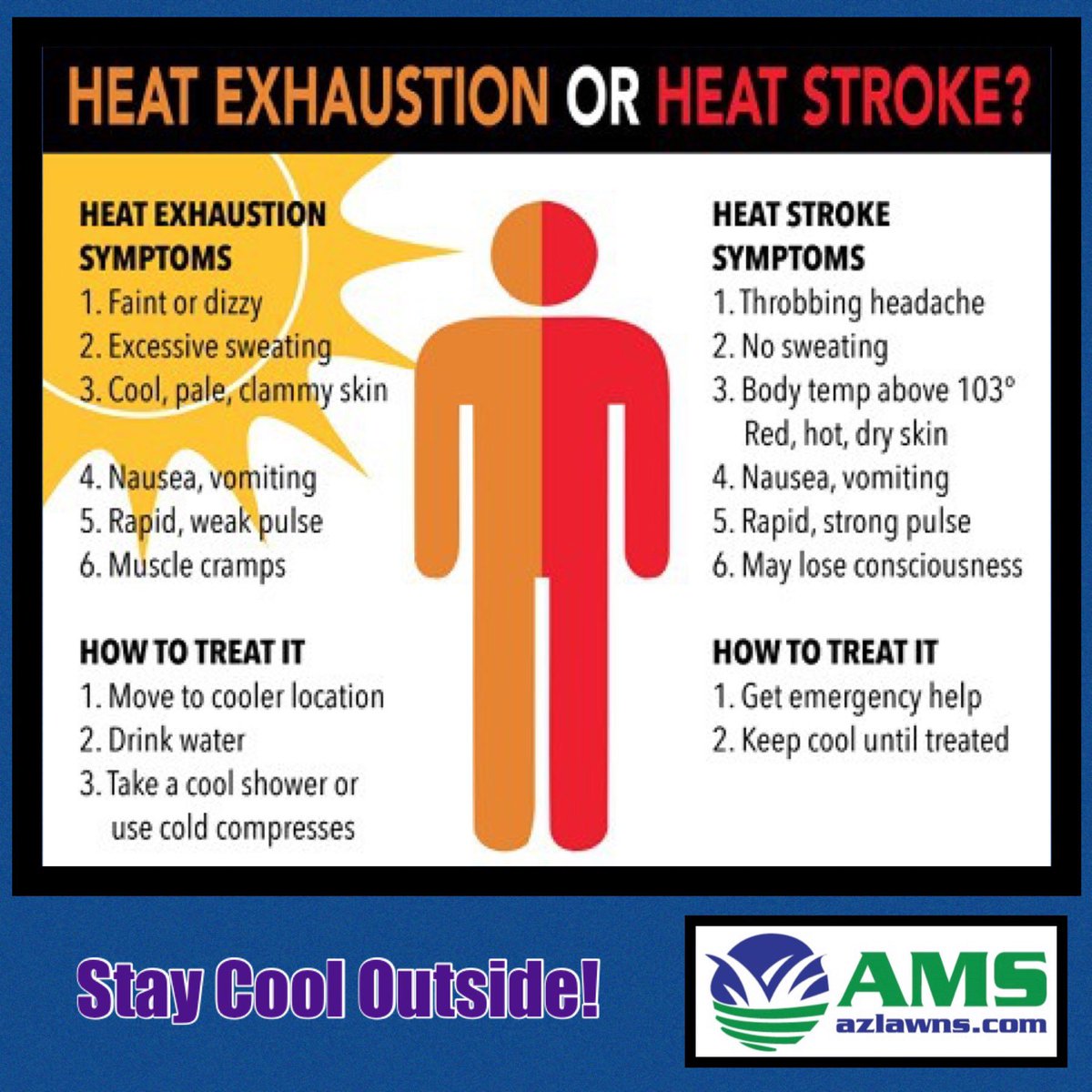 Stay cool outside!  Here are symptoms of heat stroke or heat exhaustion and how to treat it.

#heatstroke #heatexhaustion #phoenixsummers #symptoms #treatment #amslandscaping #azlawns
