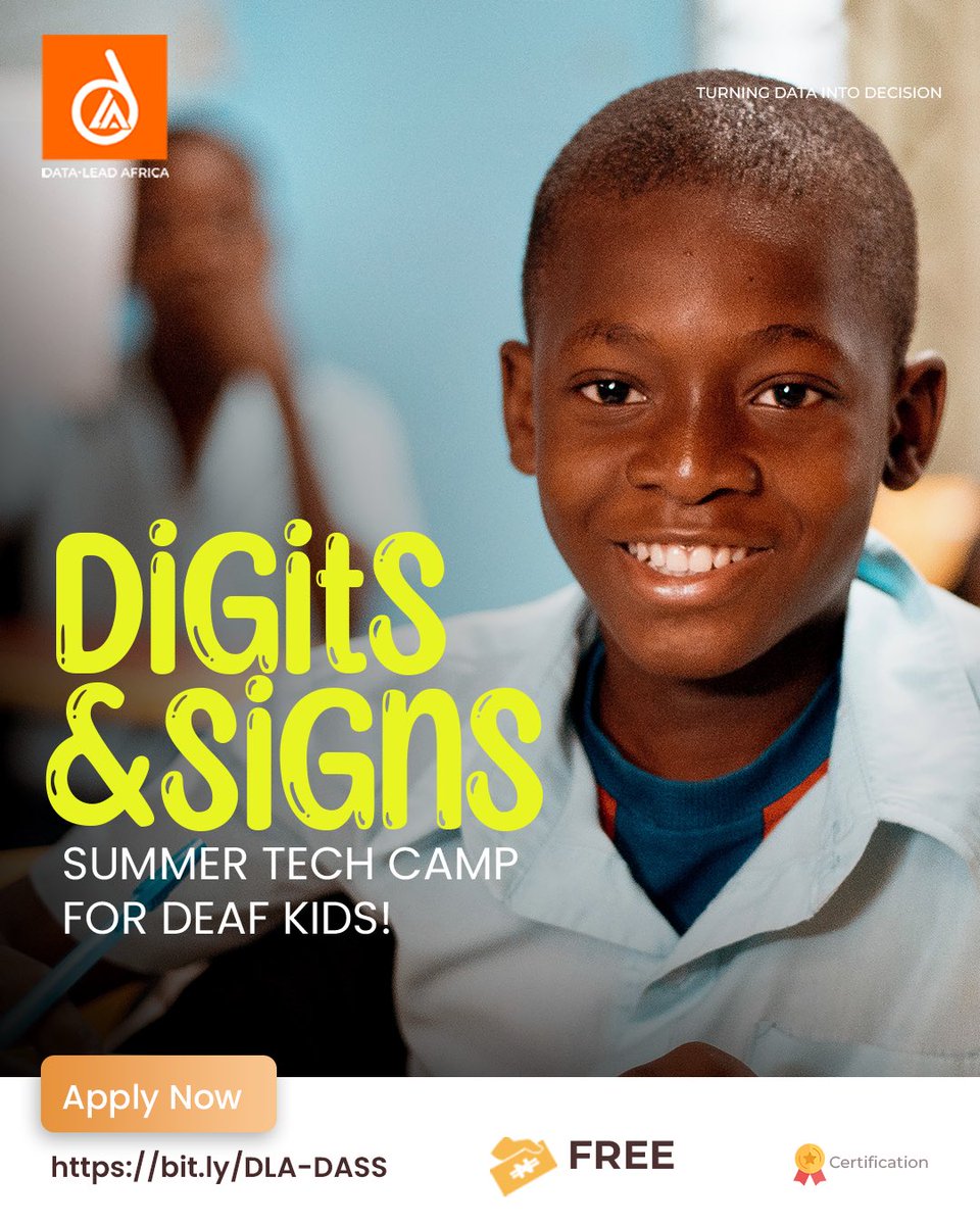 DataLead_Africa's tweet photo. Yay, here is something for the Deaf Kids: Digits and Signs Summer Tech camp! This program fosters computer skills, math knowledge, and IT expertise, enhancing education and promoting digital inclusivity. Register with this link https://t.co/ASXhZshP6E
#KidsBootcamp #snow https://t.co/5D938myj0H