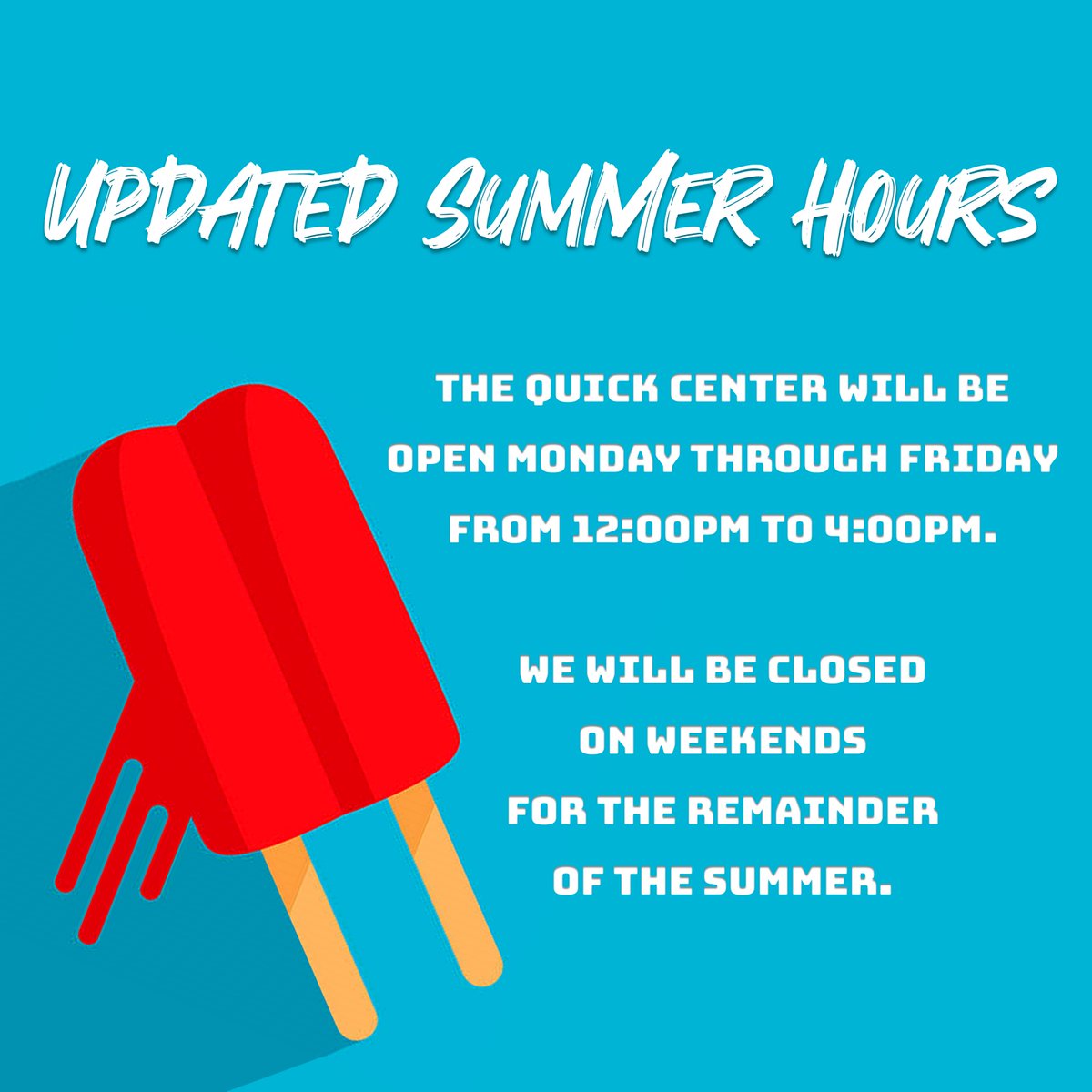 QuickArtsCenter's tweet image. ☀️Updated Summer Hours☀️
The Quick Center will now be open Monday through Friday from 12:00pm to 4:00pm. We will be closed on weekends for the remainder of the summer.