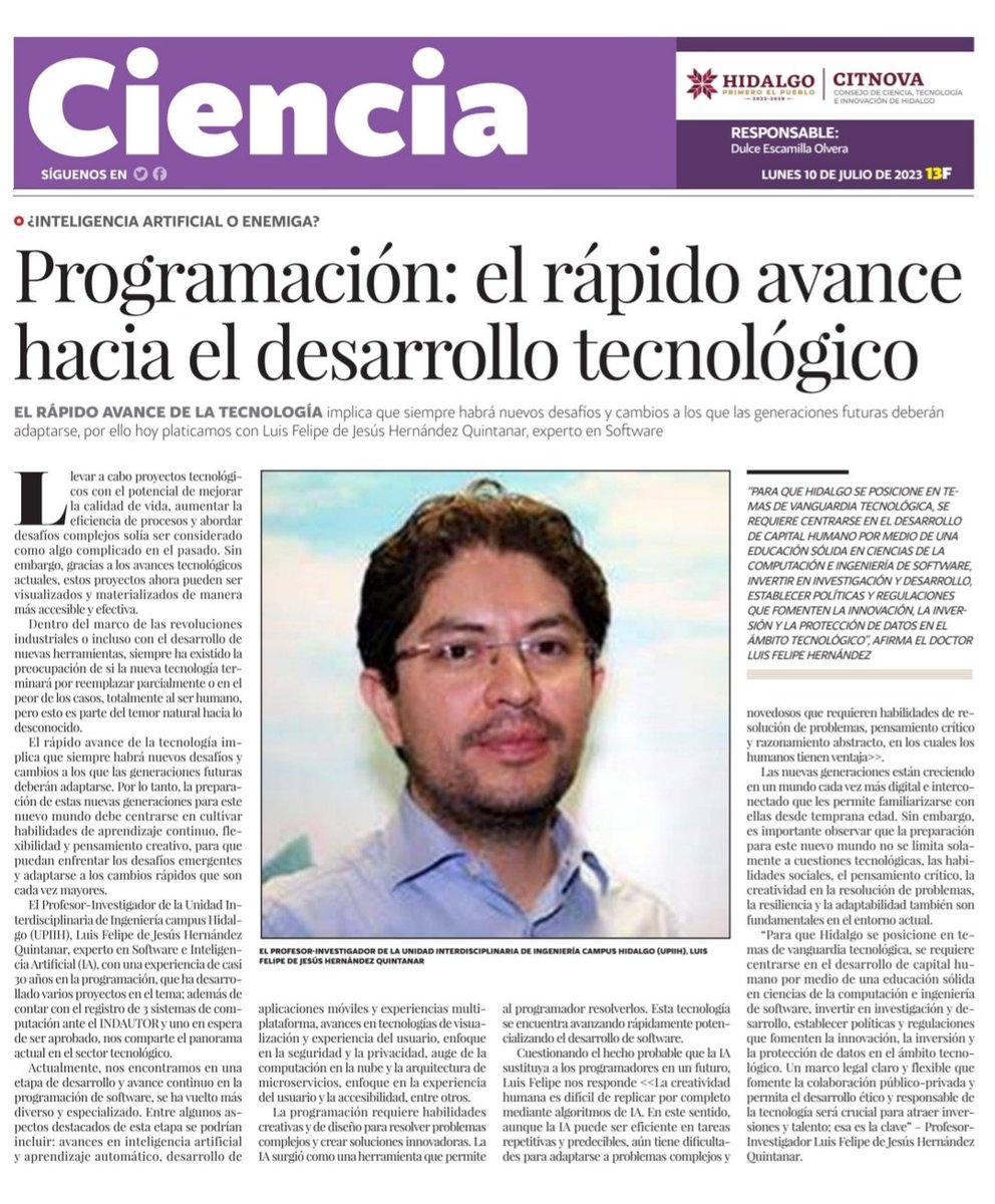 CITNOVA's tweet photo. #MásEspaciosSobreCiencia
🟢 Programación: el rápido avance hacia el desarrollo tecnológico.
👩🏽💻Entrevista: Luis Felipe de Jesús Hernández Quintanar, Profesor-Investigador de la #UPIIH del @IPN_MX, campus Hidalgo.
Versión digital 📲
https://t.co/CoxebDYwYj
@diaplazajuarez https://t.co/KEIIaEzuyA