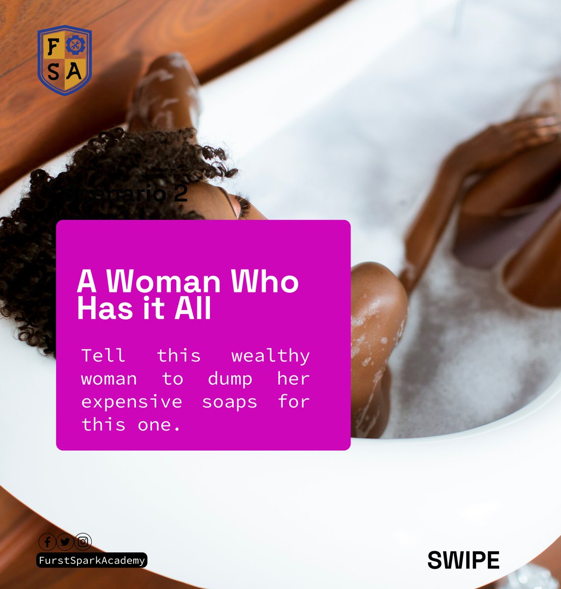FurstAcademy's tweet photo. Are you a marketing Guru?
Challenge 1: Sell soap to a man who's never bathed. 🧼💦 Challenge 2: Market new soap to a wealthy woman💎✨
Share your creative sales pitches.
✨ Join the conversation. #MarketingChallenge #MarketingMastery #CreativeApproach #FurstSparkAcademy https://t.co/cr8kP3uIsp