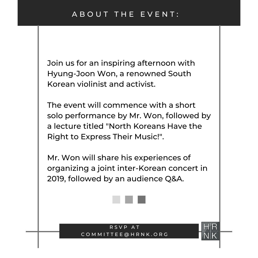 committeehrnk's tweet photo. Dear Friends and Colleagues,
HRNK has the pleasure to invite you to Harmony Across Borders, a performance & lecture by Mr. Hyung-Joon Won, at 1:30 p.m. on Monday, July 24 at the DACOR Bacon House in Washington, DC.
RSVP: https://t.co/9DdjXVjA5b
#NorthKorea #RighttoExpress #Music https://t.co/itg62nlM2m