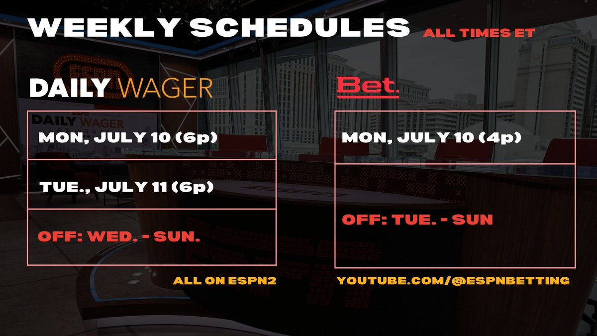 Daily Wager & Bet Weekly Schedules. It's #MLBAllStar & #ESPYS week, so it'll be a light one. 🗒️ Daily Wager: Mon.-Tue. 🗒️ Bet: Mon.