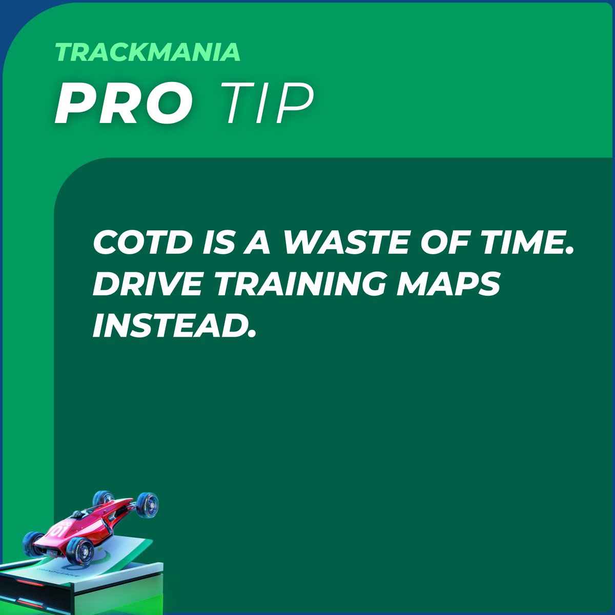 TMProTips's tweet image. All online events are a waste of time. Practice only on training maps.

Follow for more professional Trackmania tips to improve your driving skills and get easy author times!

#trackmania #skill #racing #game #videogame #gamer #gaming  #playstation #xbox