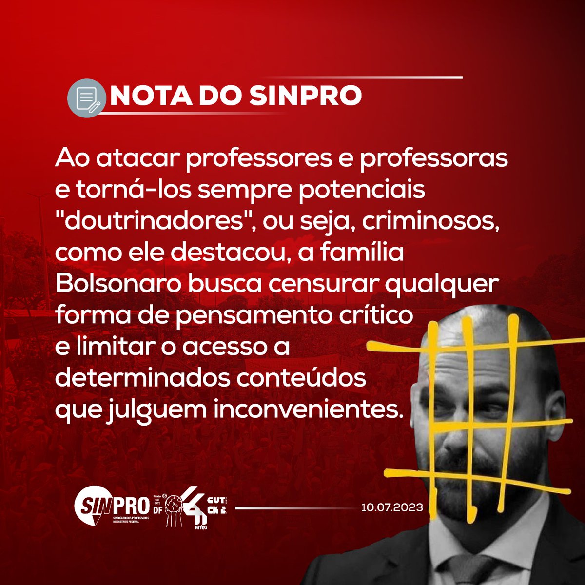 Leia no site do Sinpro texto completo da nota de repúdio às declarações de Eduardo Bolsonaro (PL-SP), que disse, neste domingo, que “professores doutrinadores são piores que traficantes”. Clique aqui para ler: sinprodf.org.br/repudio-eduard….