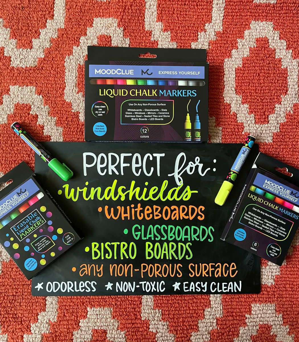 MoodClue's tweet photo. MoodClue  #markers are perfect for:

- windshields
- whiteboards
- glass boards
- bistro boards
- any non-porous surface

All of our #liquidchalkmarkers are odorless, non-toxic and easy to clean! https://t.co/dv7AVUkqvH