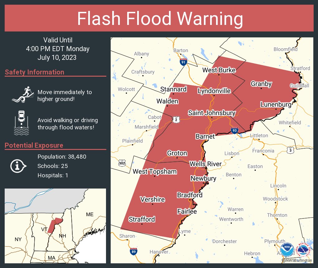 NWSBurlington's tweet photo. Flash Flood Warning continues for Saint Johnsbury VT, Lyndonville VT and  Bradford VT until 4:00 PM EDT https://t.co/BssIhRj8Xl