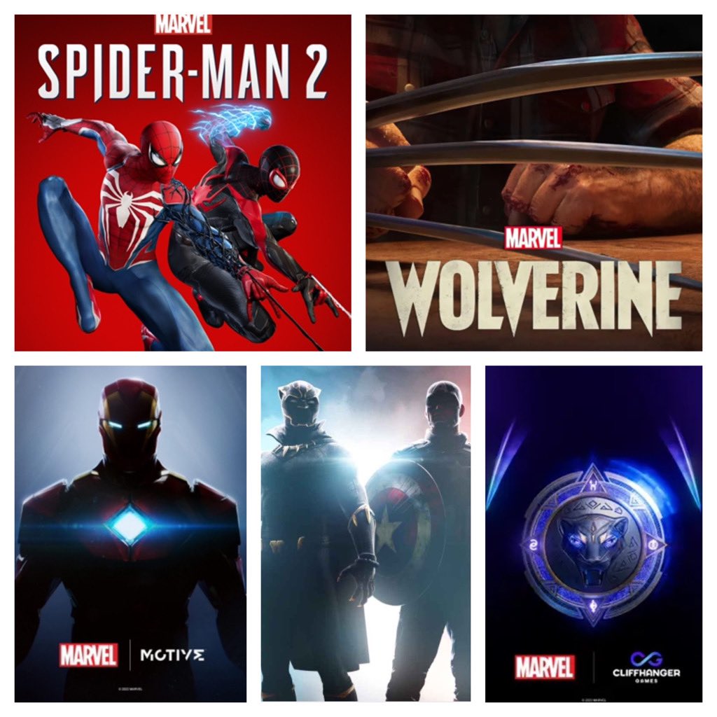 kjtheotaku's tweet photo. All five upcoming officially confirmed Marvel Games: 

Spider-Man 2 
Wolverine 
Iron Man 
Captain America &amp; Black Panther 
Black Panther 

All single player solo experiences from what we can gather so far. Which one are you most excited for? https://t.co/igC25I9fyX