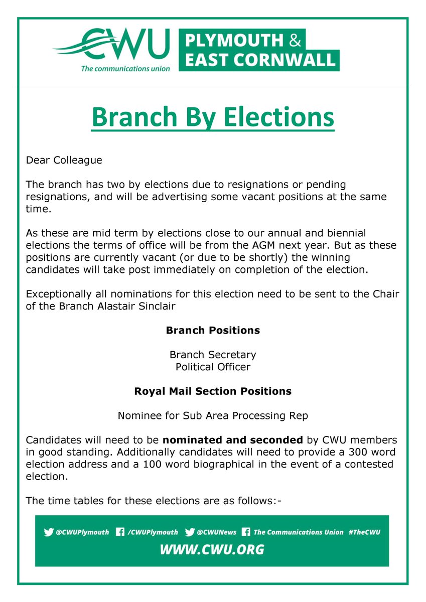CWUPlymouth's tweet photo. Nominations open tomorrow to find a replacement for our outgoing Branch Secretary, and fill a couple of other vacant positions. 

Details below:- https://t.co/7wRo5iSssw