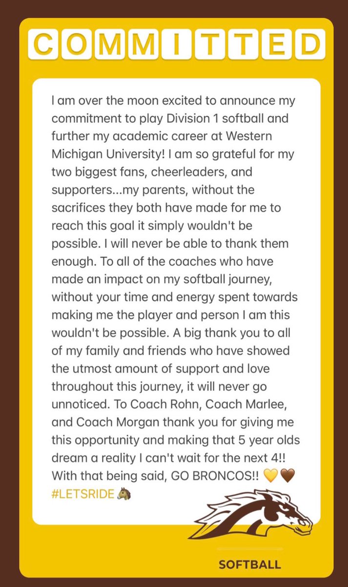 haileekara19's tweet photo. GO BRONCOS BABY!!! 💛🤎 #LETSRIDE🐎 

@INBombers06 @BuchananSBall @WMUSoftball @coachjennyrohn @marleewilson @MorganVanderBor https://t.co/CX2UADvP32