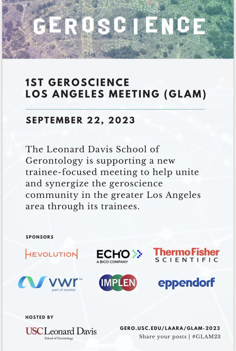 🚨Attention #gerotwitter community!!!🚨
The @USCLeonardDavis is spearheading the 1st Geroscience Los Angeles Meeting (#GLAM), which will occur on September 22nd, to help showcase the research of awesome #trainees across LA research institutions!!! 1/4