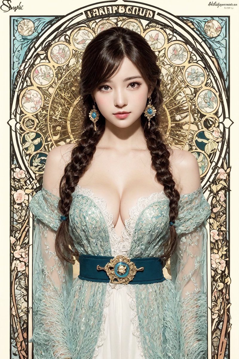 Axelson999's tweet photo. #BRAV6 #AIgirl #AIart #Alphonse_Mucha
先の物とシード値同じで realistically drawn 追加
(Art Nouveau colorful patterns realistically drawn on the background of Alphonse Mucha:1.37) https://t.co/PPlCvcqufd