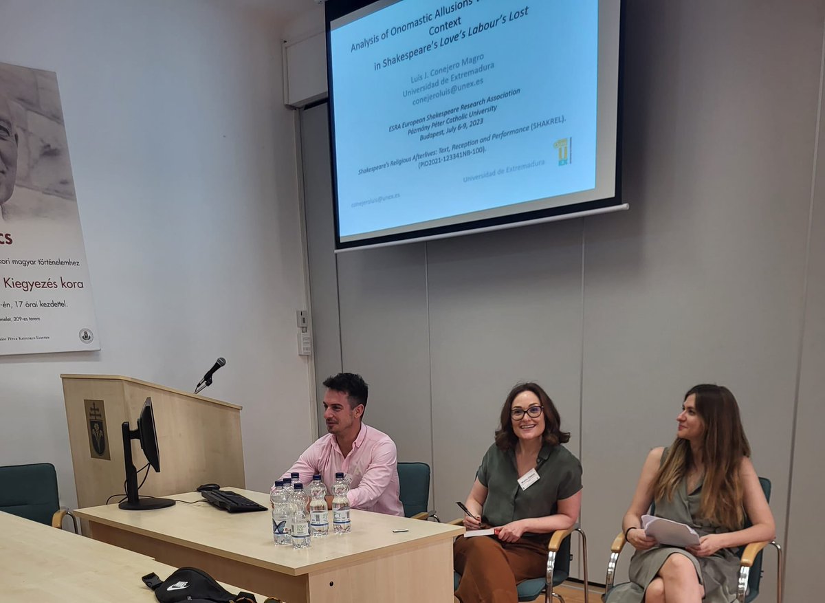 conejeromagluis's tweet photo. @Shakrel_project presenting at the European Shakespeare Research Association @EuroShakespeare (Budapest, 2023); talking about the First Folio, Love’s Labour’s Lost and performances in religious spaces @DepExtranjeras @BSAShakespeare @SederiWeb @SederiYearbook https://t.co/czVH1zyzen