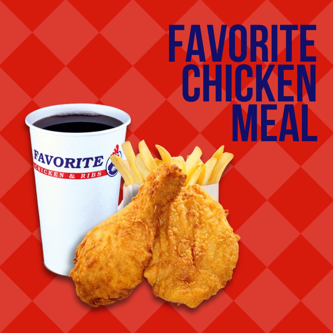 Always a popular menu item both in store and online - our 2 or 3 piece Chicken Meal. You choose from 2 or 3 pieces of succulent chicken, coated and cooked the Favorite way, served with regular fries and your choice of a can drink or regular tub side.