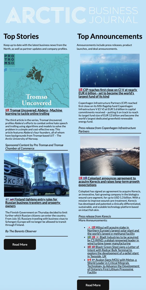 Our latest #newsletter is out now and features the following:

The third article in a new series, Tromsø Uncovered; Finland tightens entry rules for Russian business travelers; and the latest announcements:

Read more at mailchi.mp/arcticnow/at-a…

#arctic #business #arcticbusiness