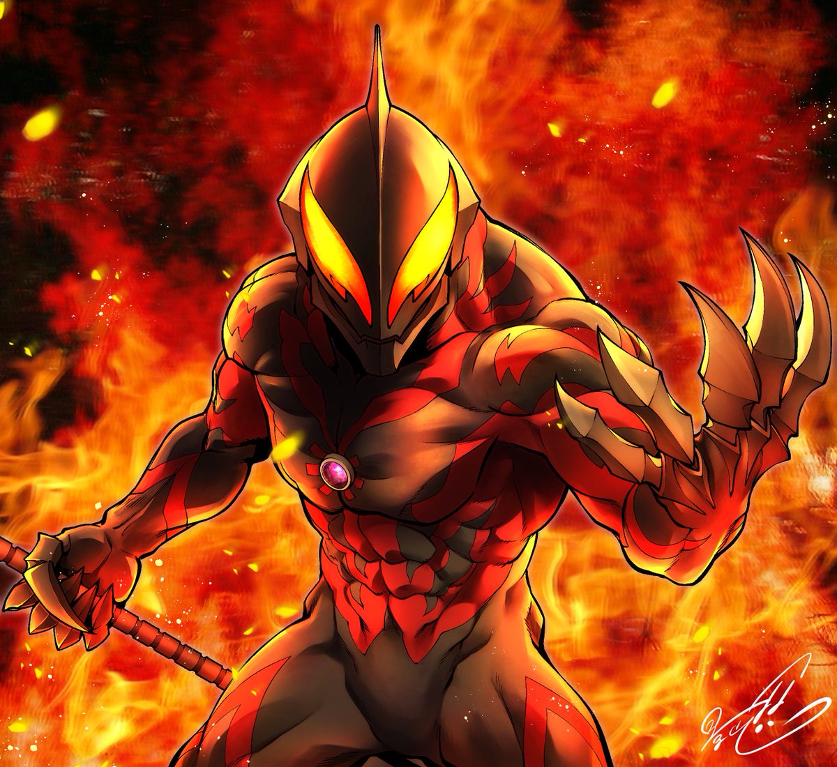 1boy male focus fire solo tokusatsu muscular signature  illustration images