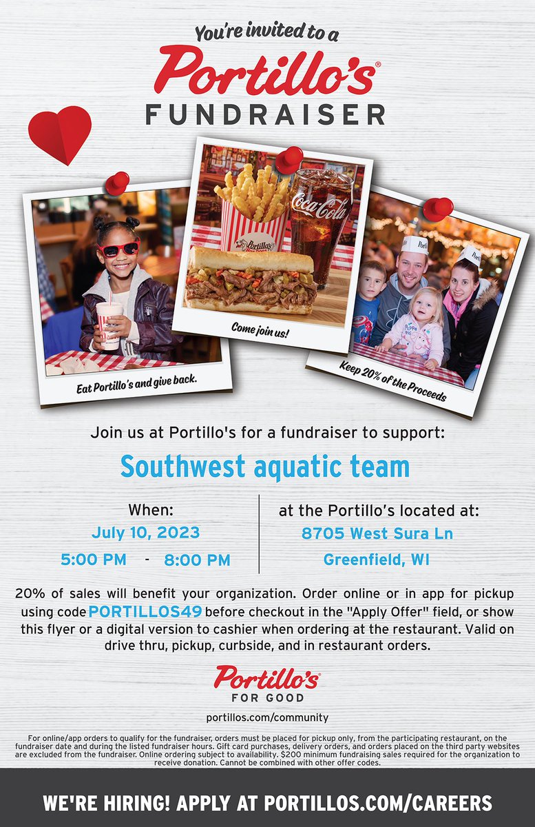 swimswat_WI's tweet photo. Join us TONIGHT at Portillo's in Greenfield for SWAT EATS... Portillo's. ππππ 5-8p! #fundraiser #teamfundraising #mke #joinSWAT https://t.co/1WnkVuFLDb