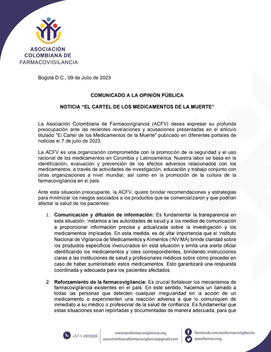 asofarmacovig's tweet photo. ⚕️⚠️🚨#COMUNICADO
@asofarmacovig expresa su profunda preocupación ante las recientes revelaciones y acusaciones presentadas en el artículo titulado "El Cartel de los Medicamentos de la Muerte" publicado en diferentes portales de noticias el 7 de julio de 2023. https://t.co/ZB8k7JwbzJ