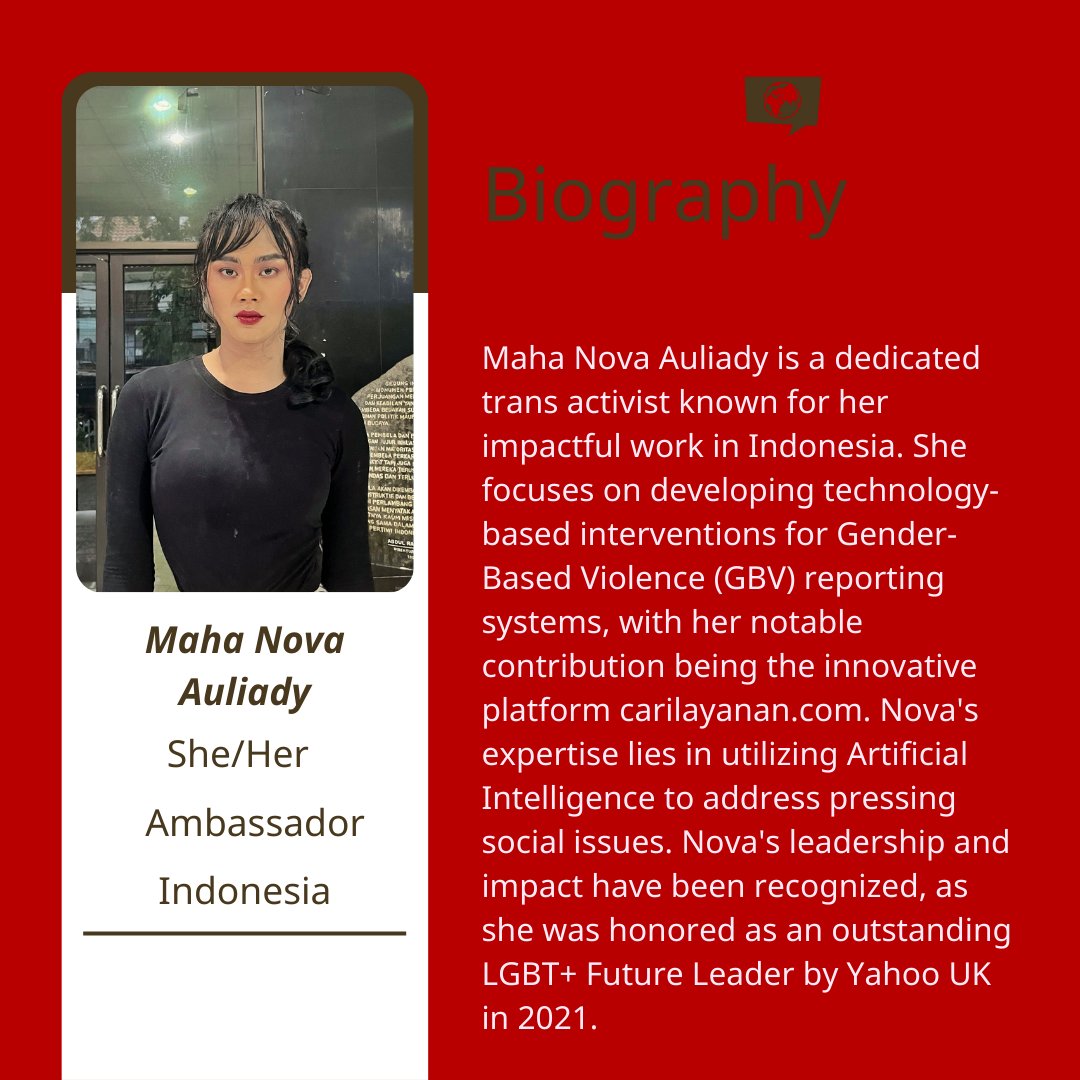 🌟 Introducing our fourth ambassador, Maha Nova Auliady 🌟

Maha Nova Auliady, is a passionate and dedicated trans activist making waves in Indonesia! 🏳️‍⚧️✊

Welcome, Maha Nova Auliady! 🙌

#ambassadorprogramme #Leadership #Networking