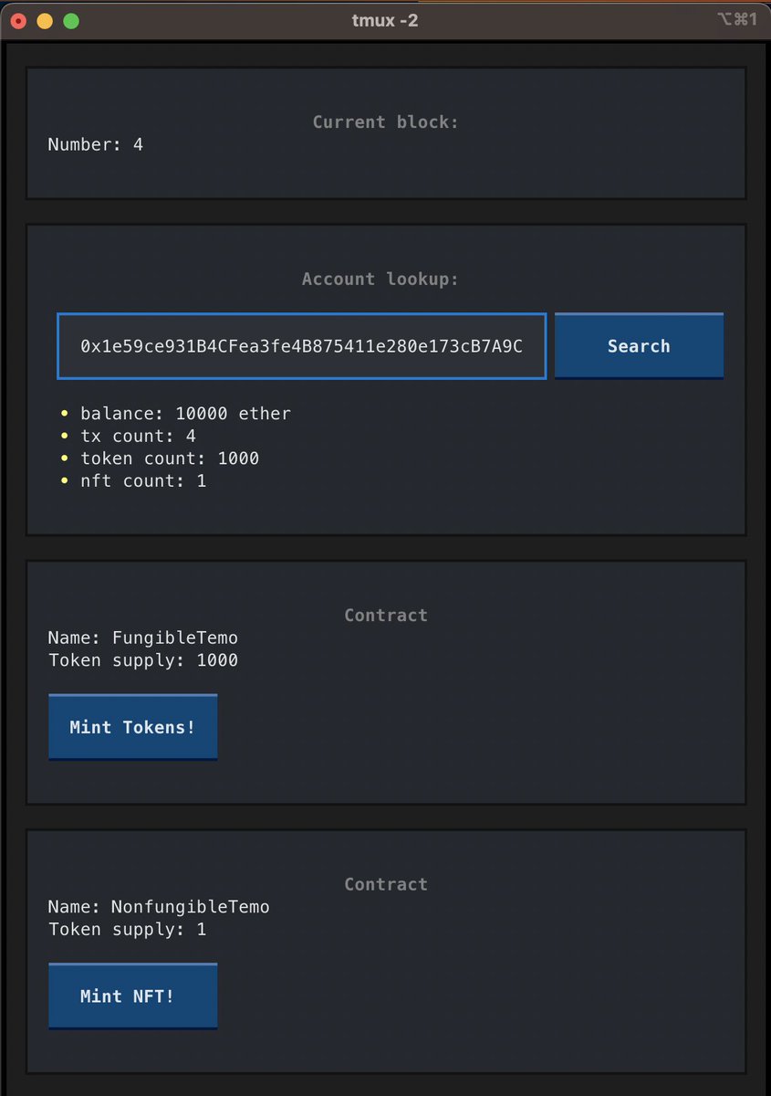 wolovim's tweet photo. ⚡️ hackathon helper

a clickable terminal UI to mint tokens and show account data using async web3py, @ApeFramework, Textual, and Anvil (Foundry)

built with Python 🐍

https://t.co/sBQkLnfM3y https://t.co/qQtT7B062j