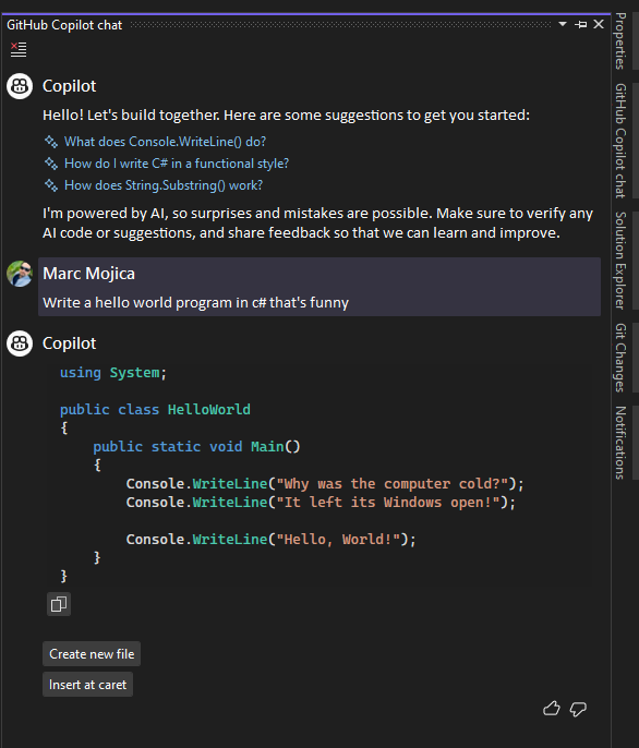 MarcMojica's tweet image. finally getting around to testing out Github #copilotchat