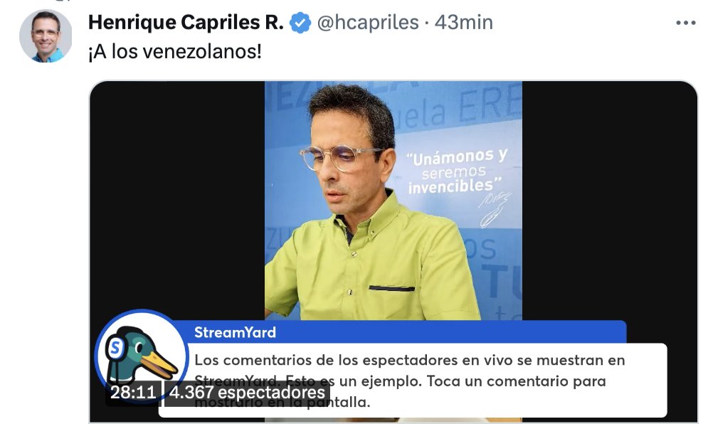 Henrique Capriles:
- Reconoció que María Corina Machado lidera todas las encuestas
- Repudió la inhabilitación a MCM y afirmó que si “la golpean a ella”, también lo golpean a él
- Participa en la primaria para ratificar la vía en la que cree. Pidió unidad y voto.