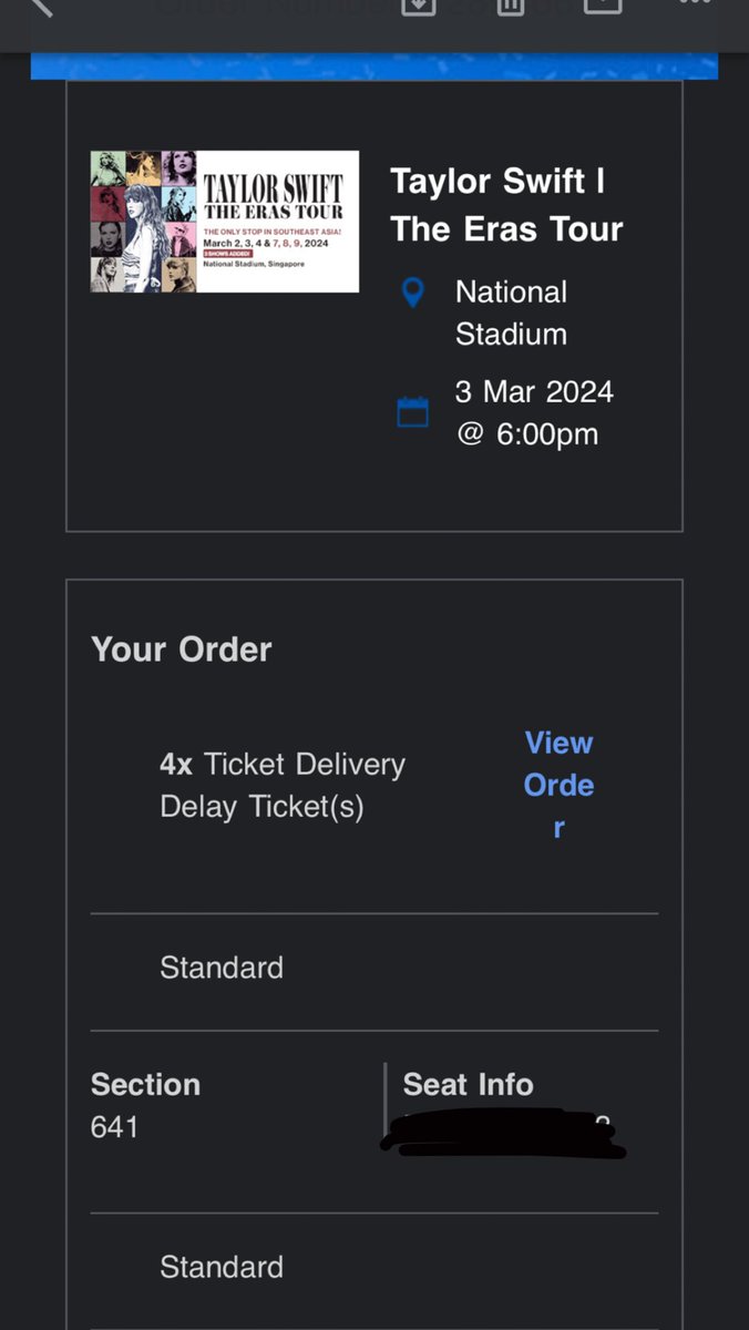 WTS Taylor Swift Singapore tickets
3rd March 2024
Section 641 
4 tickets available