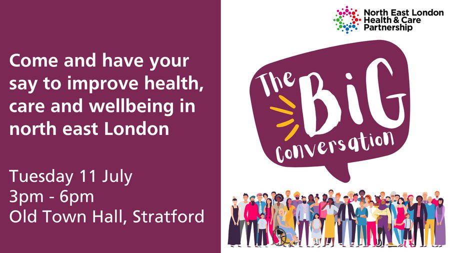 Join the Big Conversation! We will be at Old Town Hall Stratford, Tuesday 11 July, 3-6pm.   

Drop in when you can to talk to us about health, care and wellbeing.  

Further information can be found here: northeastlondonhcp.nhs.uk/getinvolved/wh… #Newham
