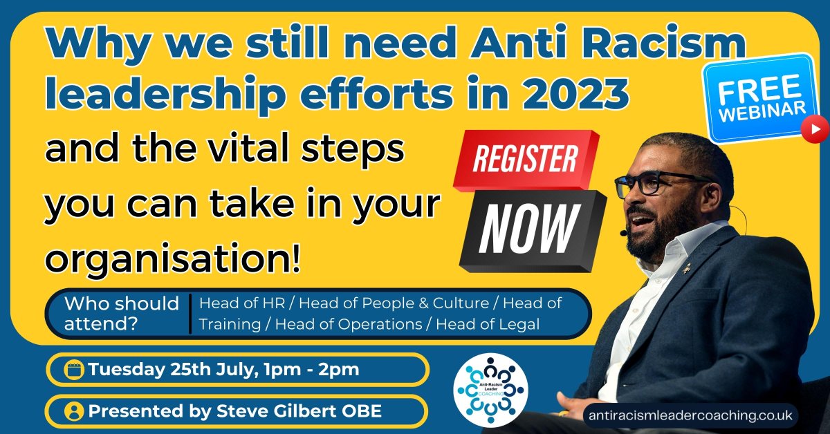 🚀Join us for 1st of 5 FREE Anti Racism Leadership webinars🚀
✊🏾Why we still need  Anti Racism leadership efforts in 2023 and the vital steps you can take in your organisation✊🏾
🛎Tuesday 25th July, 1pm - 2pm🛎
⬇️Register here ⬇️
…racismleadercoaching.clickmeeting.com/why-we-still-n…