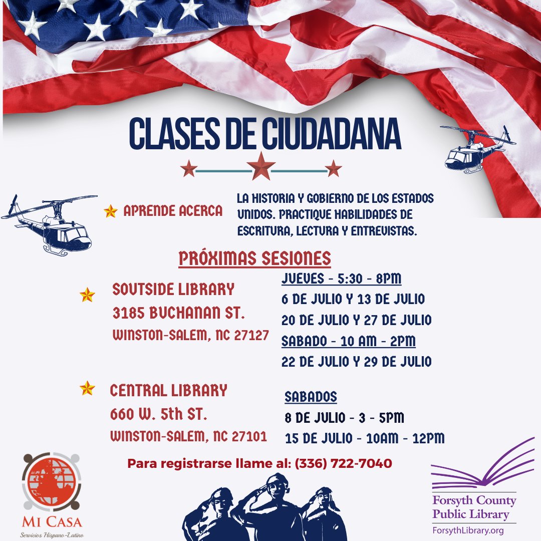 Learning about the immigration process can seem challenging. These sessions will focus on preparing for the U.S. Civics and History exam. We can't wait to see you there! 
#forsythcountync #fcpubliclibrary #naturalization #immigrationhelp #uscis