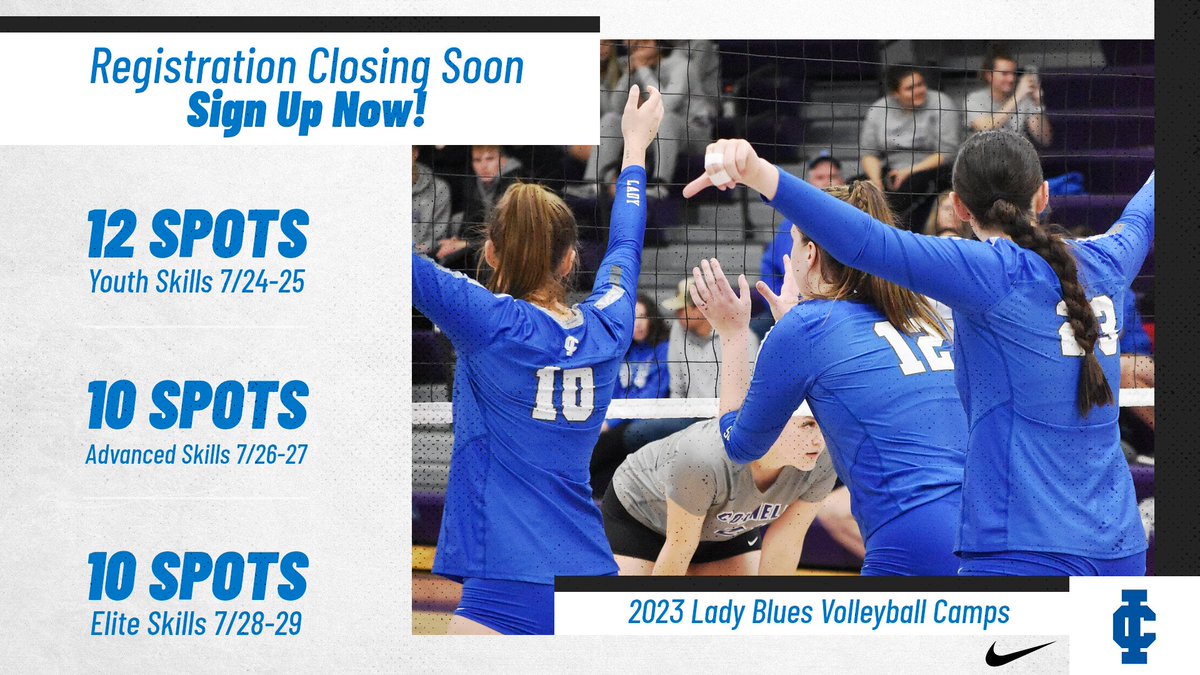 icvolleyball's tweet photo. Only a few days left to register for our upcoming camps! Spots are filling up fast! We can't wait to see so many future Lady Blues in the gym!

#icvb #volleyball #illinoiscollege https://t.co/rKx7RZhKVb