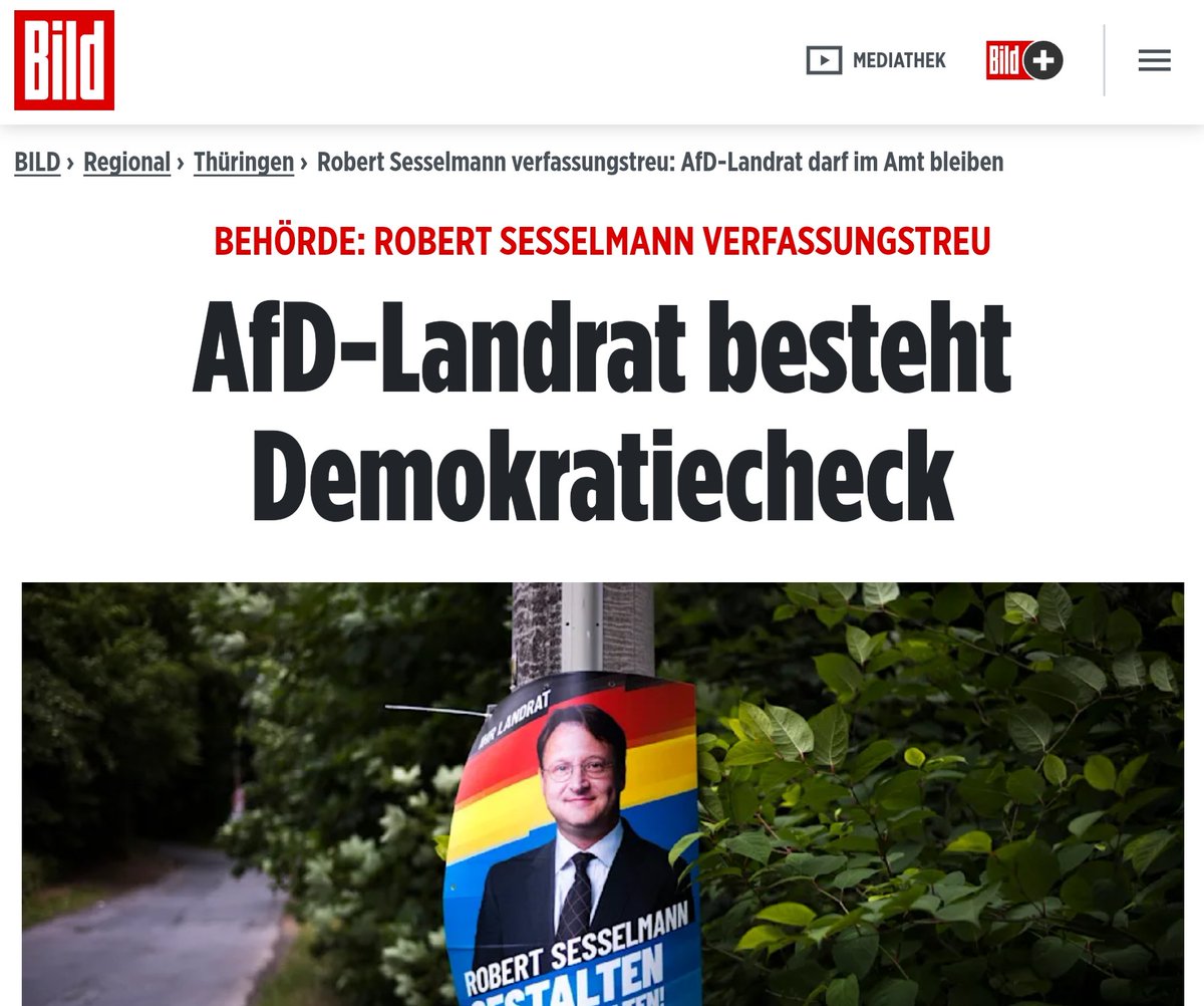 Der erste AfD-Landrat besteht den 'Demokratiecheck'.
Hatte jemand ernsthaft Zweifel daran?

#Sesselmann #Sonneberg #AfD #Demokratie #Demokratiecheck #Landrat

Quelle:
m.bild.de/regional/thuer…
