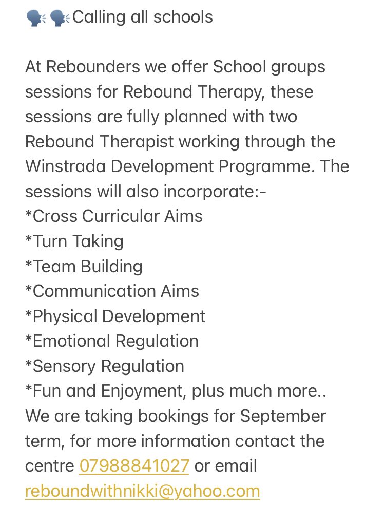 Taking bookings for September @RbridgeBankSLS @palmerstonsch @meadowparkscho @PrincesPrimary @CentralKnowsley #schoolsessions #disabilitycommunity #disabilityadvocate #reboundtherapy #workingtogether #SEND  #inclusion  #sensory  #regulation  #physicaltherapy