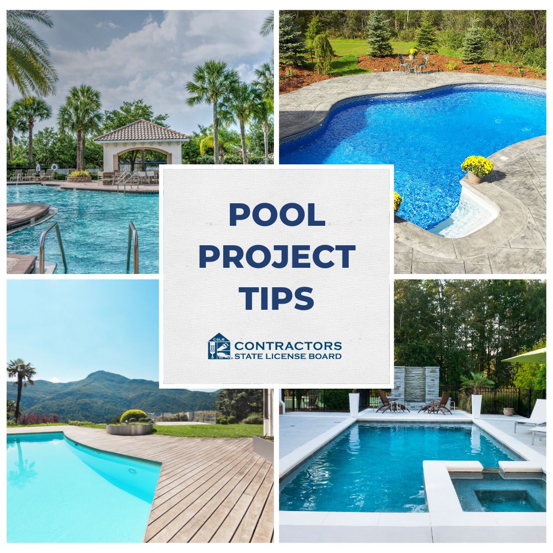 CSLB's tweet image. Common pool projects that require a state license include installation, decks, patios, pool houses, fences and more.

Follow these10 tips to make sure your contractor measures up:
cslb.ca.gov/Resources/Guid…

#CSLB #pool #poolprojects #Californiapools
#CaliforniaContractor