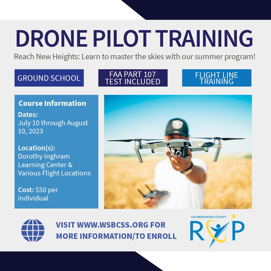 SBCo_ROP's tweet image. Spots are still open for our Drone Pilot Certification Program! Take your chance to become a certified drone pilot and open the skies to thrilling opportunities! Register now at bit.ly/SBCoROP_Drone 
@InlandAEBG #CTE #AdultEd #sanbernardinocountyadulted