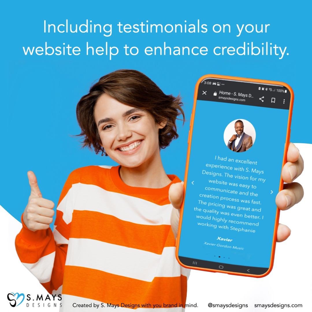 When you include testimonials and reviews on your website, you enhance your credibility and allow potential customers to see the benefits of doing business with you. 

#smaysdesigns #webfacts #webdesign #tetimonials #webdevelopment #onlinebusiness #businesstips #website #webtips