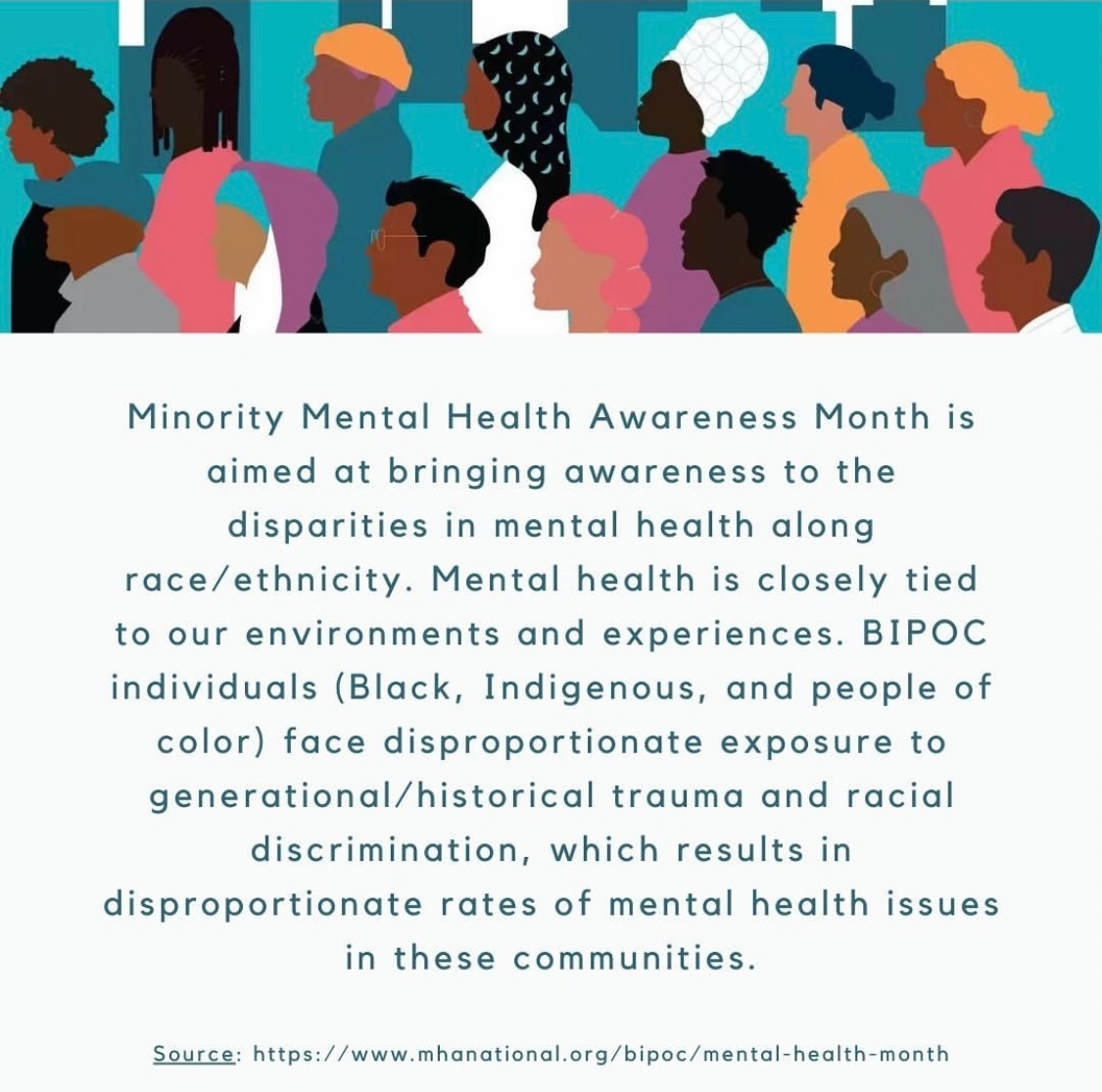 July is recognized as Minority Mental Health Awareness month to focus on the mental health challenges experienced by racial/ethnic minority communities. 

Source: @MentalHealthAmerica @hhsgov