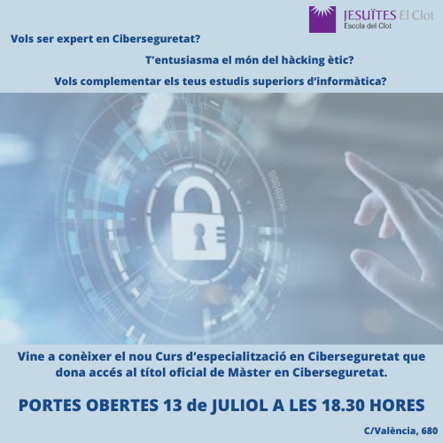 📢 Nou Curs a #JEClot per al curs 22-23 | Especialista en Ciberseguretat en Entorns de les Tecnologies de la informació. 🖱
📅  Portes Obertes el 13 de juliol a les 18.30 h
Aquí tens més informació: bit.ly/44A2vhk

#SomTalentFP